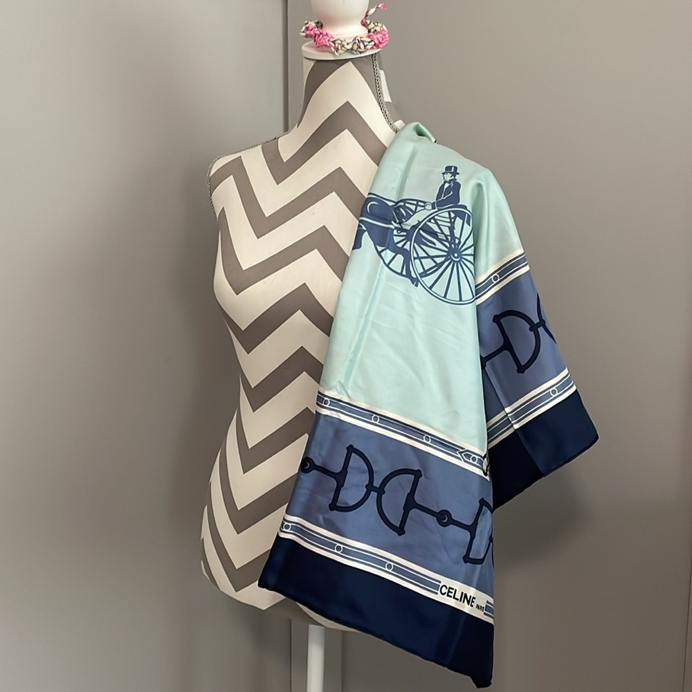 Celine Paris, Large Navy Equestrian Scarf. 33”x33”